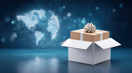E commerc global package delivery concept with open box and gift bow conveying joyful shipping