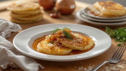 Traditional Russian pancakes served with onions and dill on a white plate, fiber-dense choice
