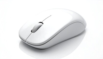 White ergonomic computer mouse with scroll wheel and two buttons on white background