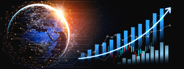 Stunning illustration depicting a globe with a rising financial graph, representing global connectivity, data growth, and the importance of innovation in the digital economy. Scalp