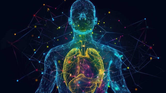 A human form, overlaid with colorful network-like connections, highlighting internal organs