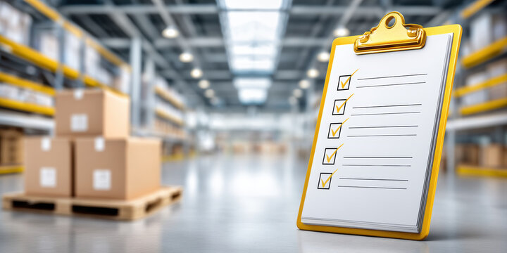 E commerc checklist on clipboard in warehouse with pallet boxes and industrial shelving