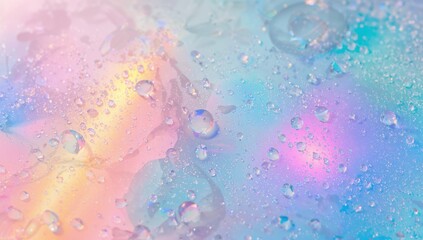 Rainbow holographic abstract background, vibrant multicolored iridescence with water droplets, suitable for UI backdrop