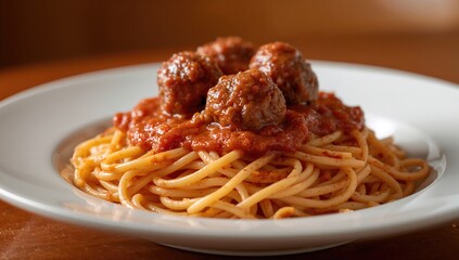 Spaghetti pasta topped with meatballs and tomato sauce, fiber-dense choice