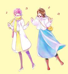 外出する女性　はしゃぐ　2人　冬