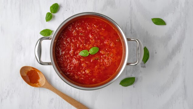 Pot of marinara sauce for pasta on a white surface, viewed from above