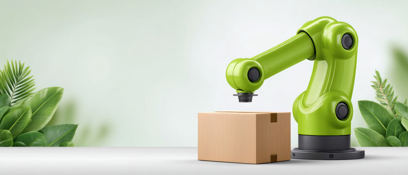 E commerc green robotic arm packing cardboard box on white table with leaves background