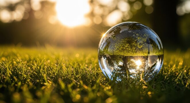 Crystal ball reflecting sunset in green grass, symbolizing nature and new beginnings - Powered by Adobe