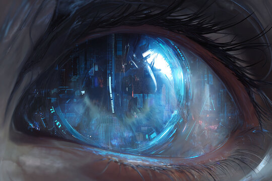 A futuristic AI eye emerging from a transparent background in cyberpunk digital art style - Powered by Adobe