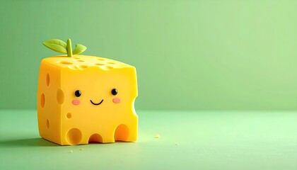 Adorable Cute Cheese Character with Smiling Face and Green Leaves on Top Set Against a Soft Pastel Green Background Studio Lighting
