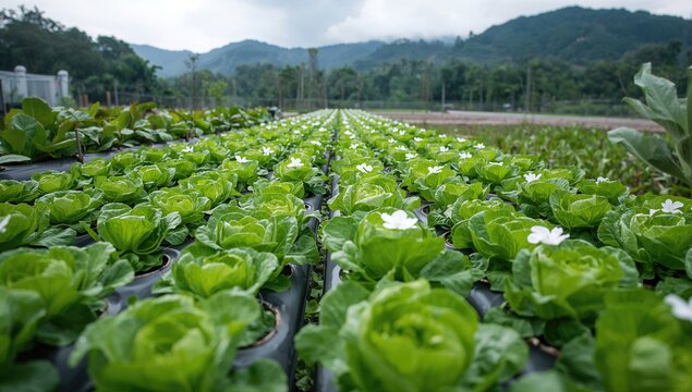 Organic Hydroponic butterhead lettuce growing in aquaponics, highlighting sustainable farming practices