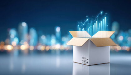 E commerc package with rising sales graph emerging from open box in modern city night scene
