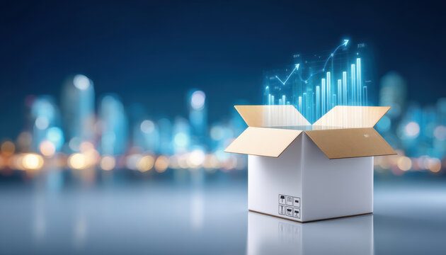 E commerc package with rising sales graph emerging from open box in modern city night scene