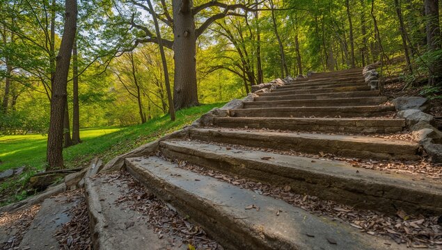 Natural stone steps create a pathway through a lush green forest, seasonal change