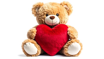 Light brown teddy bear holding red heart pillow on white background