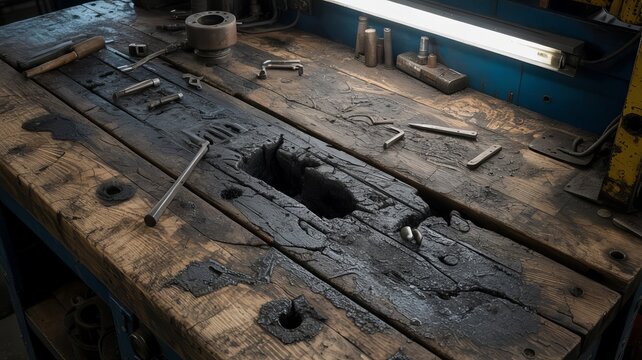 Workshop Table: An aged wooden workbench displays the marks of dedicated craftsmanship. This scene suggests a space of hands-on creativity and precision.