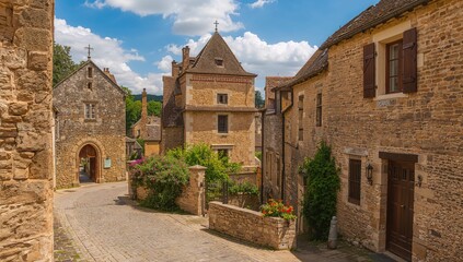 Old houses beside a church, showcasing architectural heritage and urban density