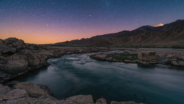 River flowing through northern mountains under a starry night sky, erosion risk - Powered by Adobe