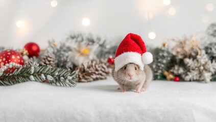 Christmas arrangement featuring a soft toy mouse in a Santa Claus hat, seasonal decor for holiday celebrations