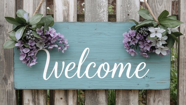 Rustic welcome sign adorned with purple balloon flowers on an aged teal wooden backdrop, decorative element for event signage