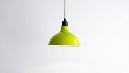 Obraz premium Bright Lime Green Industrial Pendant Light Fixture Hanging Against a Clean White Wall with Soft Interior Lighting Illuminating its Dome Shape