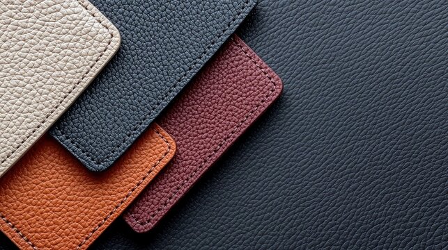 A collection of four textured leather swatches in various colors, including cream, navy blue, burgundy, and orange, are artfully arranged on a larger dark navy