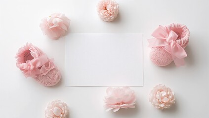 Pink baby booties alongside an empty card on a white surface, ideal for personalized announcements