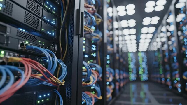 Inside a server room with rows of server racks, illuminated by blinking lights and colorful cables. Concept for data storage, cloud computing and cybersecurity infrastructure