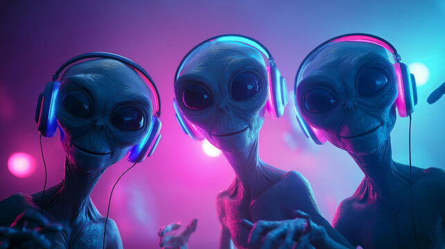 Three realistic alien silhouettes with glowing eyes and headphones dancing in a neon-lit nightclub