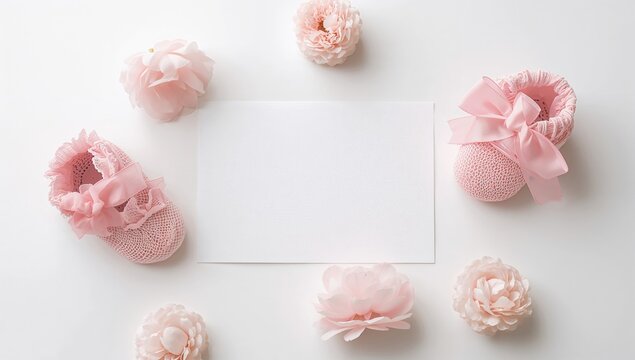 Pink baby booties alongside an empty card on a white surface, ideal for personalized announcements