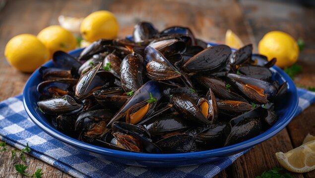 Plate of freshly prepared mussels, protein-rich meal