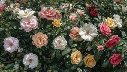 The stems have sharp spikes, and the vibrant green leaves are serrated, showcasing rose blossoms in diverse sizes and hues, seasonal change