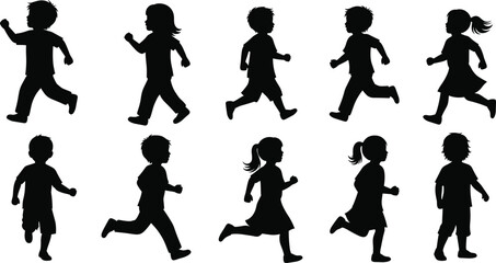 PrintSilhouettes of running children in various active poses, showcasing playful movement, youthful energy, dynamic kid illustrations ideal for educational and creative design projects