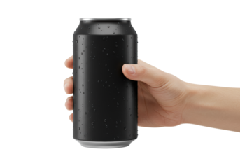 caucasian hand gripping a matte black, ice-cold beverage can with condensation, isolated on transparent background, extreme close-up, high-key lighting. concept for beverage advertising mockup