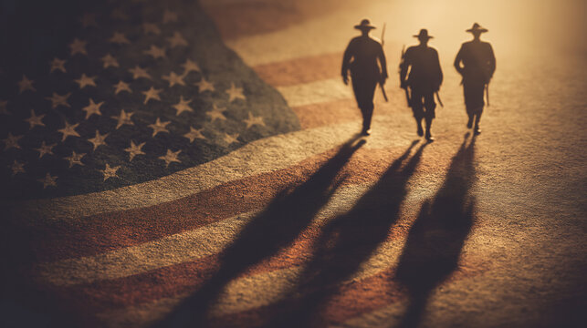 Image of US flag with shadow silhouettes of three veterans, honoring Veterans Day - Powered by Adobe
