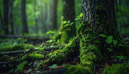Ancient Forest Floor Detailed Tree Roots Covered in Lush Green Moss Illuminated by Soft Sunlight Filtering Through Dense Canopy creating a Mystical Atmosphere
