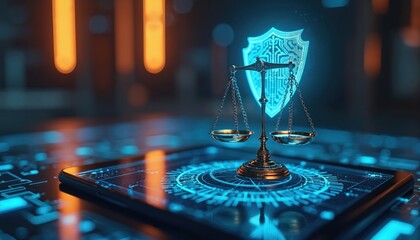 Metal scales of justice rest on digital interface with glowing shield icon symbolizing cyber law and online security. Technology meets legal system in futuristic concept.