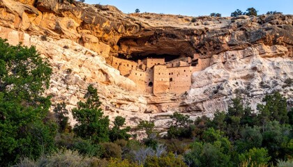 Ancient Cliff Dwelling Ruins Bathed in Golden Hour Sunlight Against a Rugged Canyon Wall