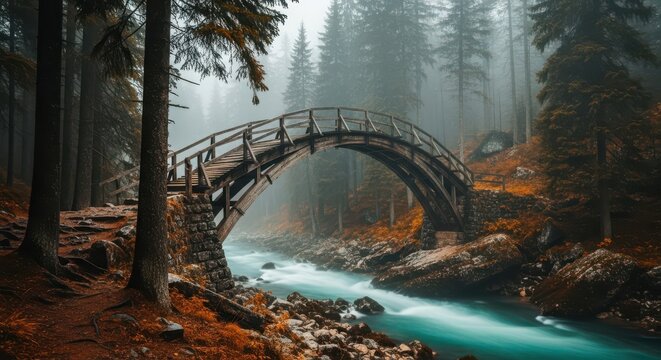 An old wooden bridge arches over a flowing river in a misty, autumnal forest with tall pine trees and vibrant foliage