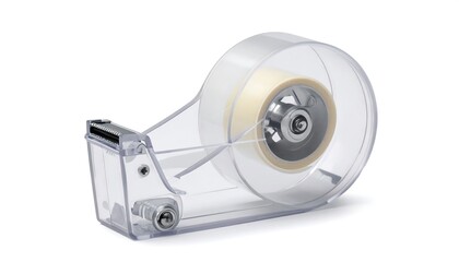 Naklejka premium Transparent tape dispenser with clear adhesive roll and serrated blade on white background