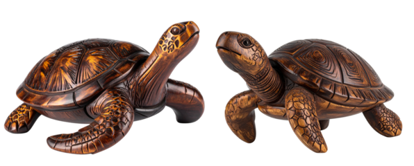Decorative Wooden Sea Turtle Artwork with Dark Stained Shell and Engraved Patterns, Transparent