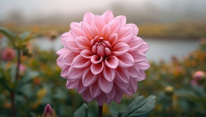 Closeup of vibrant pink dahlia flower adorned with dew drops, highlighting seasonal beauty