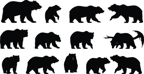 PrintWild bear silhouette collection featuring walking, standing, roaring and action poses, detailed wildlife animal illustration set for nature, forest and outdoor design
