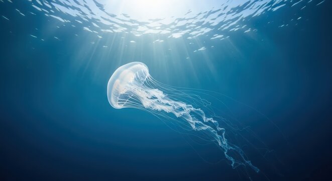 A translucent jellyfish drifts gracefully in the deep blue ocean, illuminated by sunbeams filtering from the surface