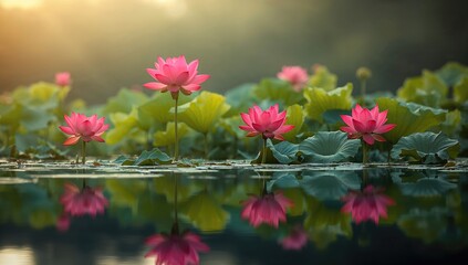 A sea of red lotus flowers floating on water, depicting summer's vibrancy and the beauty of nature