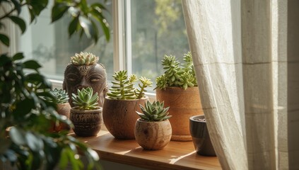 Diverse succulent plants blooming in pots on an indoor windowsill, enhancing air quality
