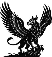 Majestic griffin silhouette with wings spread wide in dramatic black and white