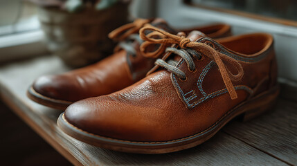Handmade leather shoes on wooden surface, detailed craftsmanship, soft lighting, minimalist background