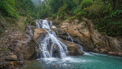 Fototapeta premium A cascading waterfall amidst verdant foliage in a mountainous area, showcasing the natural flow over rocks and creating serene pools, preservation