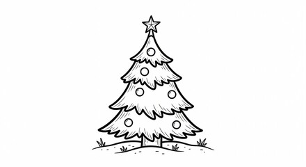 Black and white illustration of a Christmas tree with ornaments and a star on top.